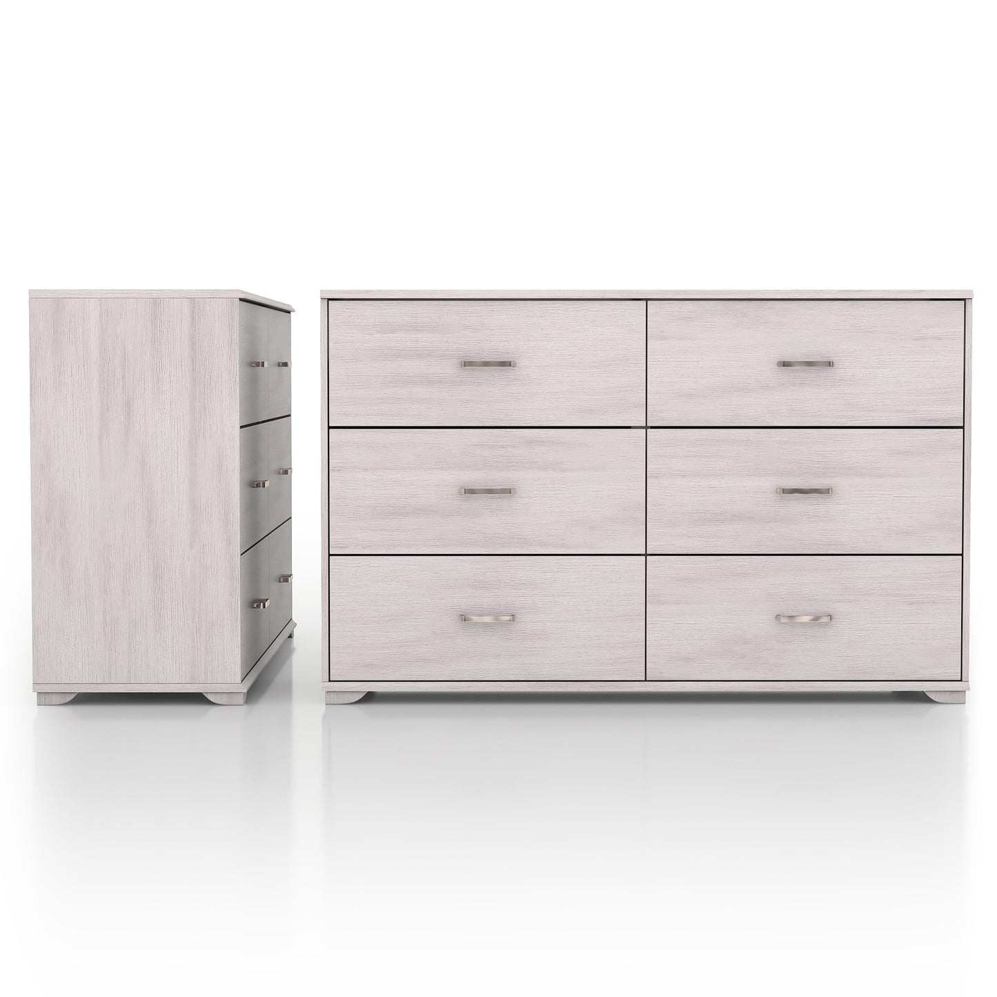 Front-facing contemporary white oak six-drawer double dresser on a white background