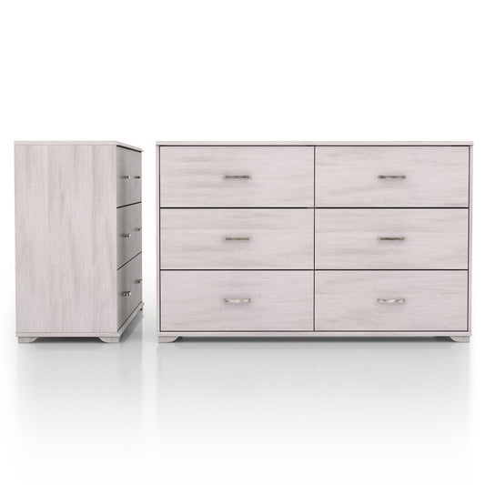 Front-facing contemporary white oak six-drawer double dresser on a white background