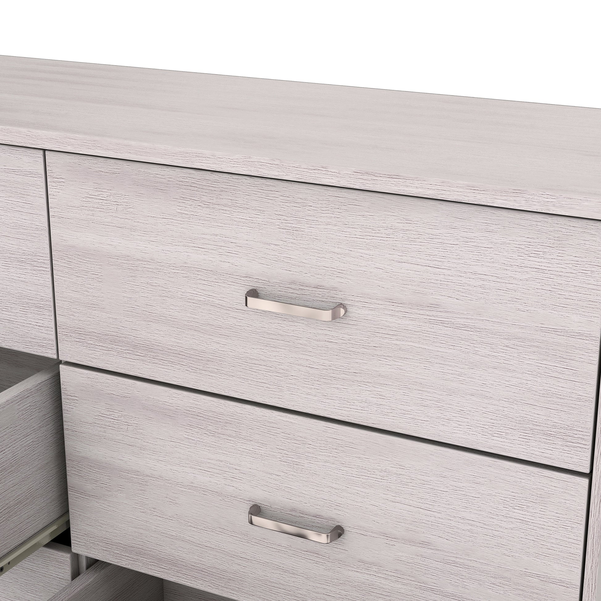 Left angled close-up drawer view of a contemporary white oak six-drawer double dresser on a white background