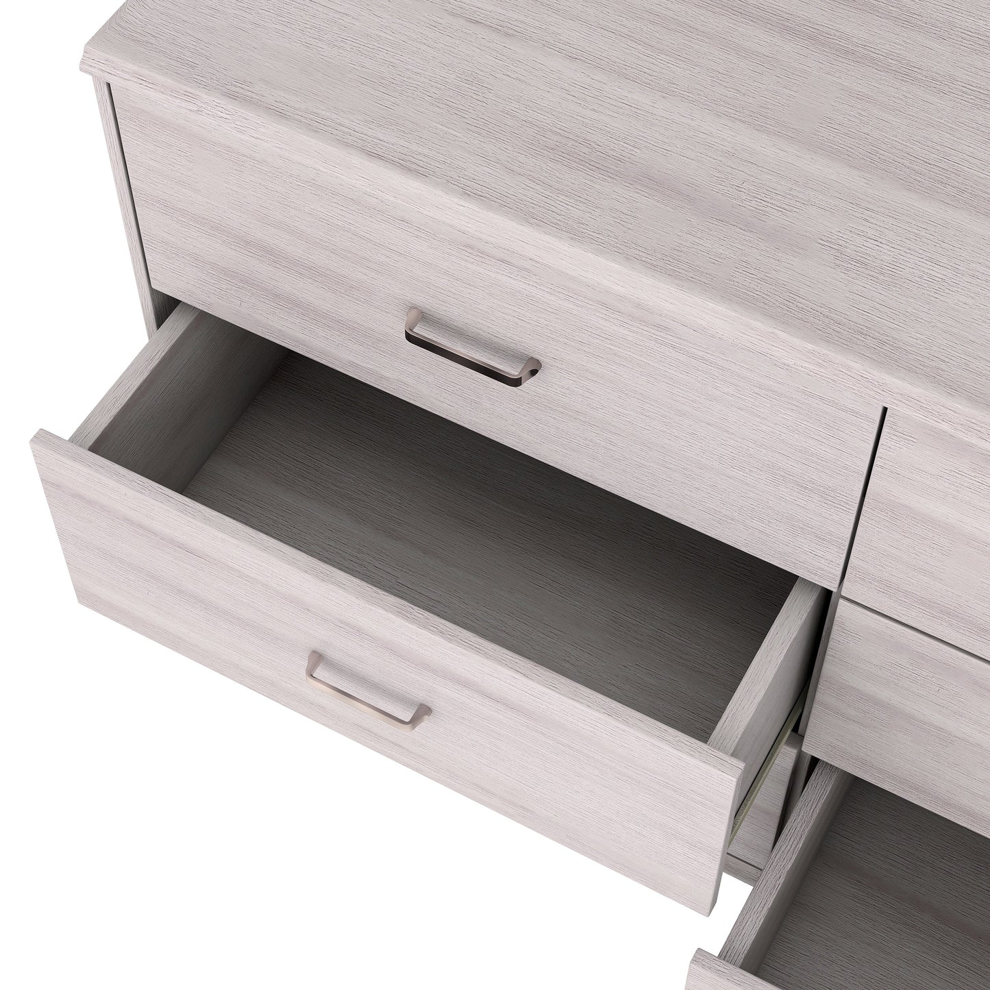 Left angled bird's eye close-up drawer view of a contemporary white oak six-drawer double dresser on a white background