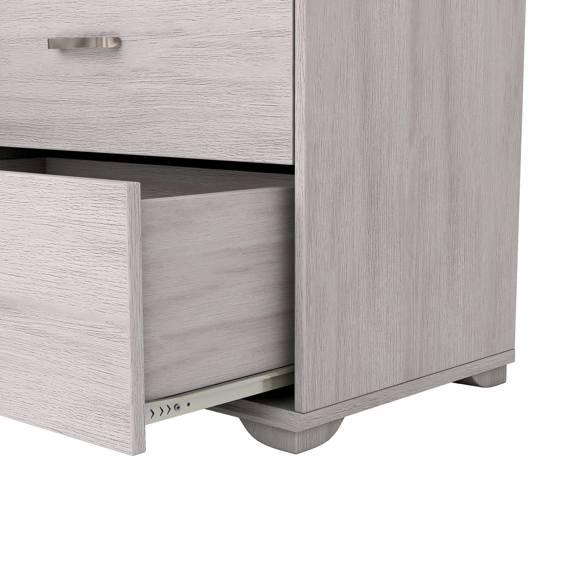 Left angled close-up drawer/base view of a contemporary white oak six-drawer double dresser on a white background