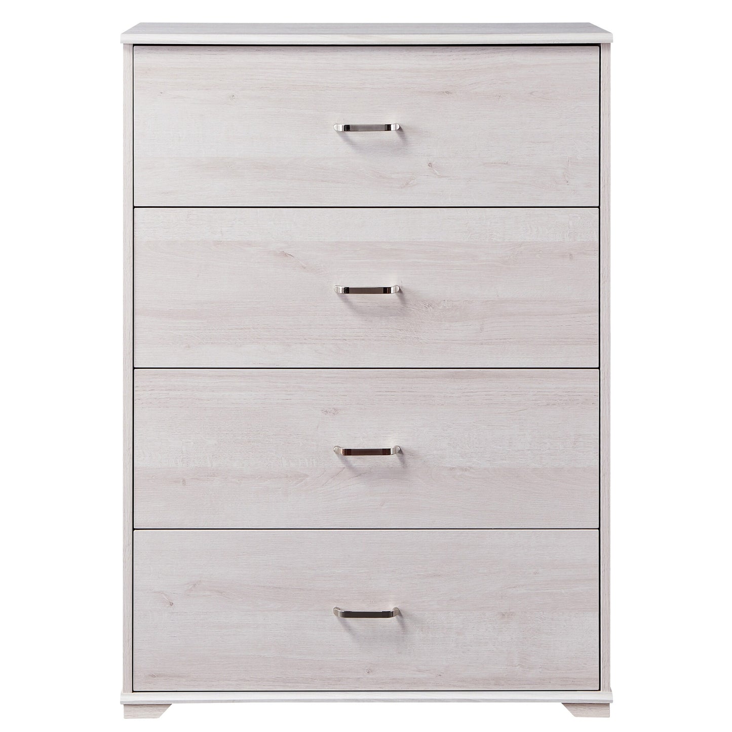 Front-facing contemporary white oak four-drawer chest dresser on a white background