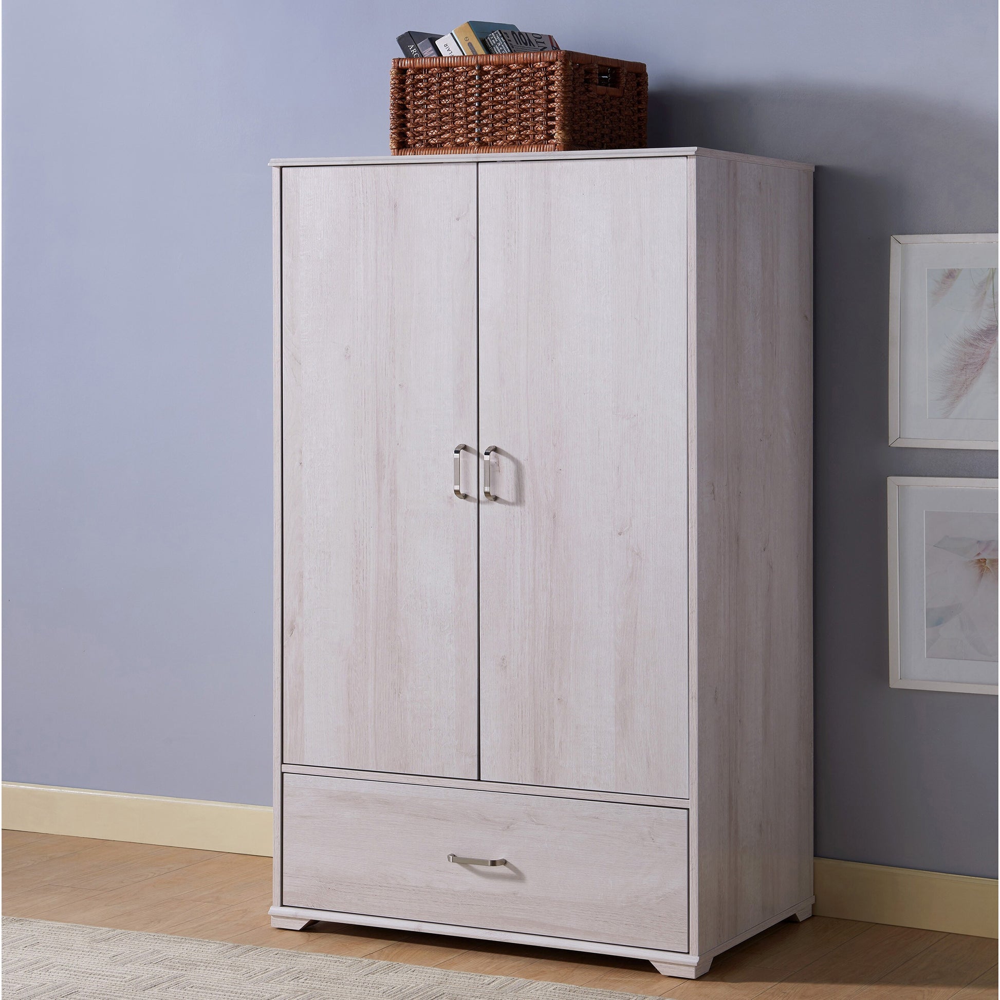 Left angled contemporary white oak two-door one-drawer wardrobe armoire with a rug and accessories