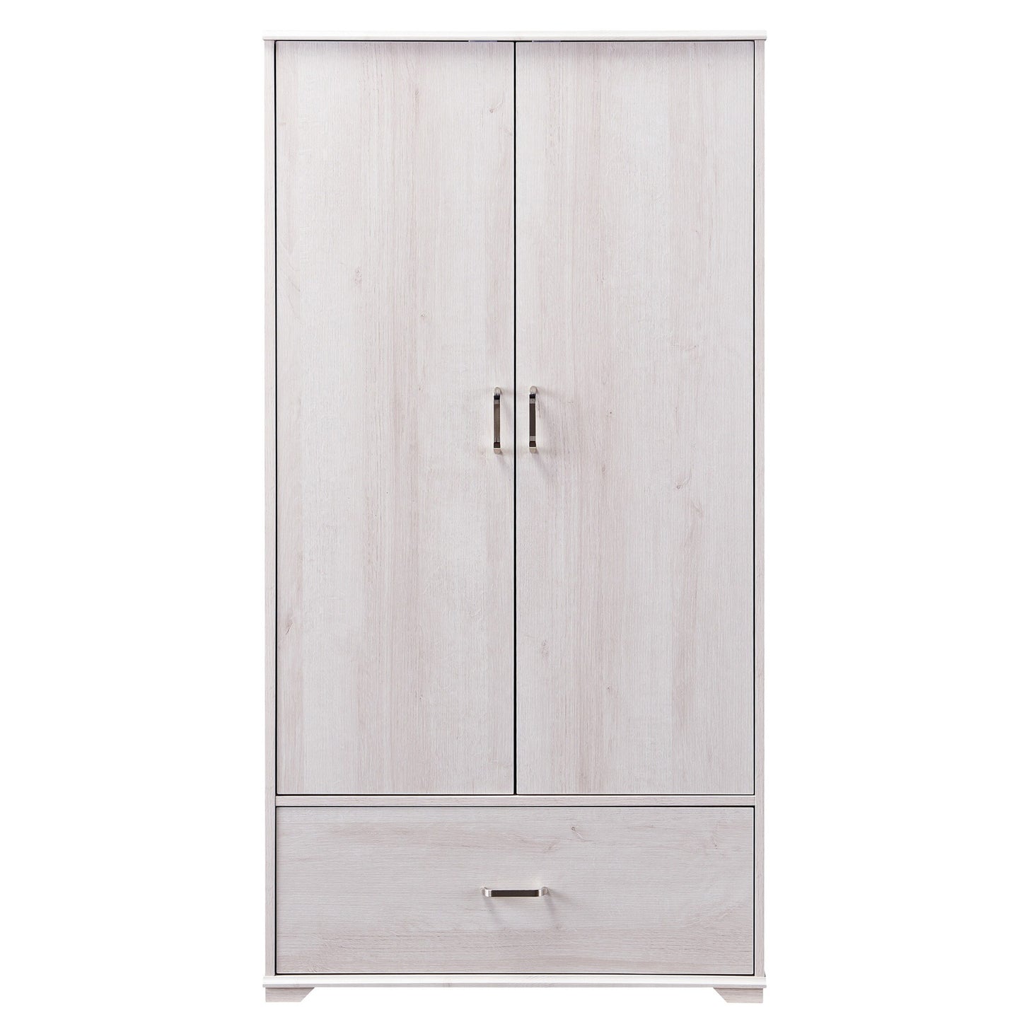 Front-facing contemporary white oak two-door one-drawer wardrobe armoire on a white background