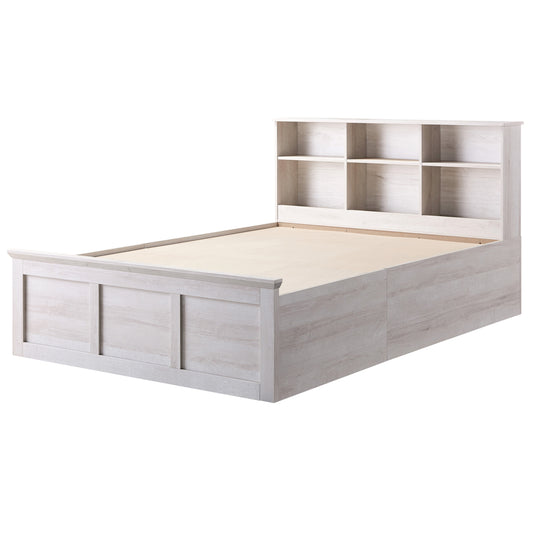 Left angled transitional two-drawer four-shelf platform storage bed shown with optional headboard on a white background