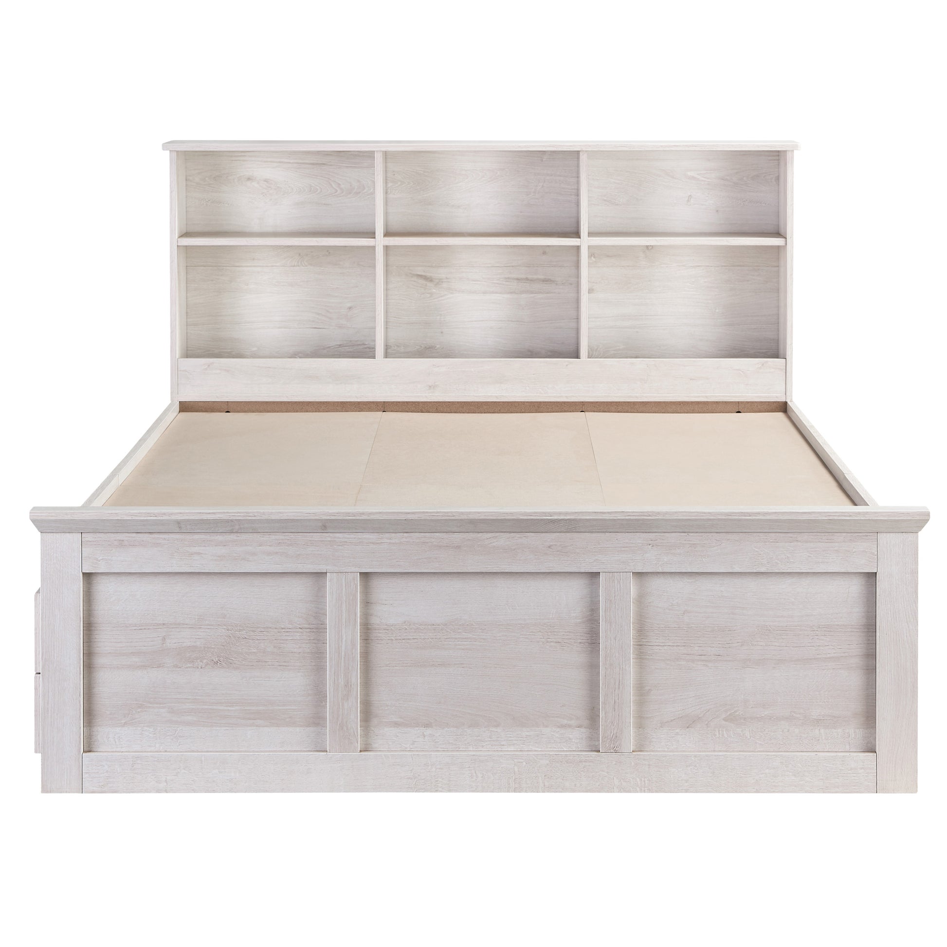 Front-facing transitional two-drawer four-shelf platform storage bed shown with optional headboard on a white background