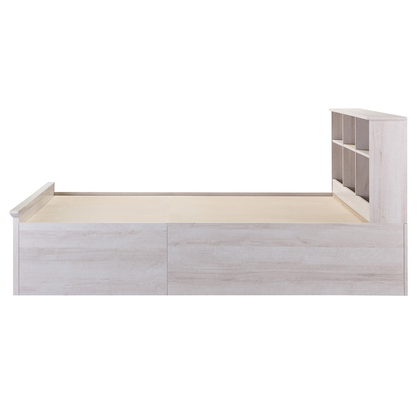 Front-facing side view of a transitional two-drawer four-shelf platform storage bed shown with optional headboard on a white background