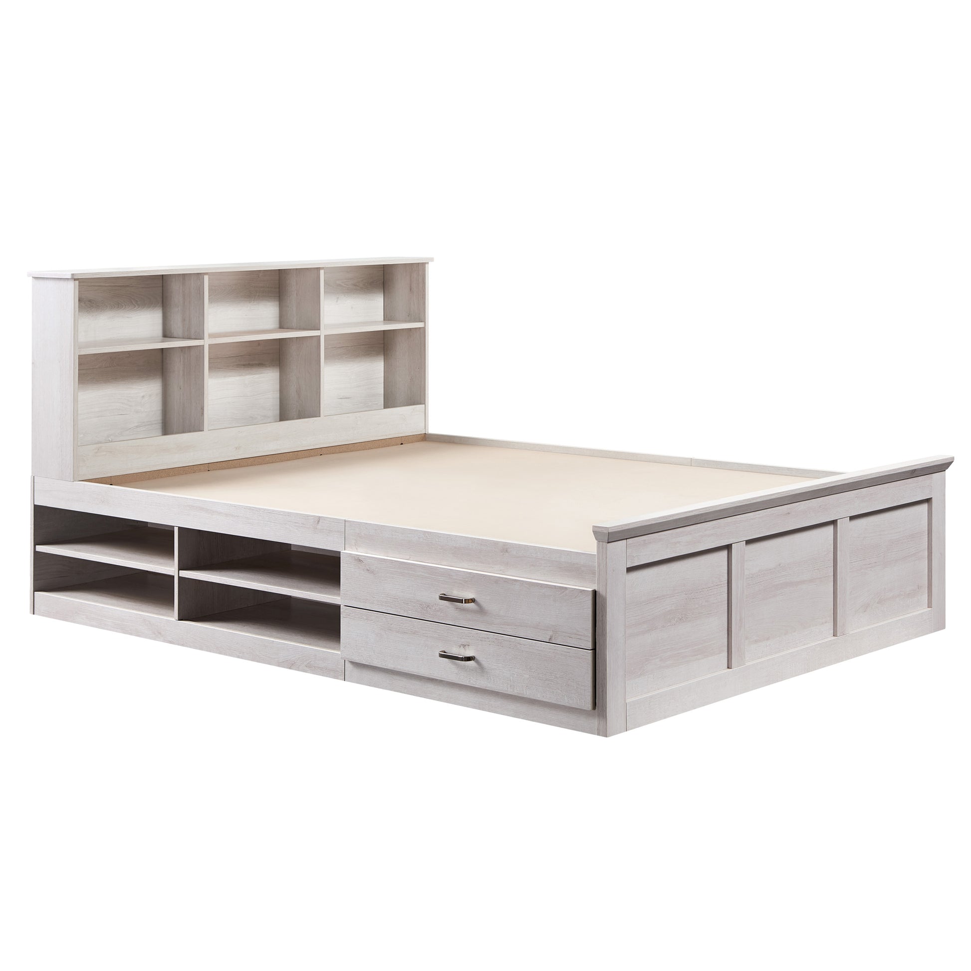 Right angled transitional two-drawer four-shelf platform storage bed shown with optional headboard on a white background