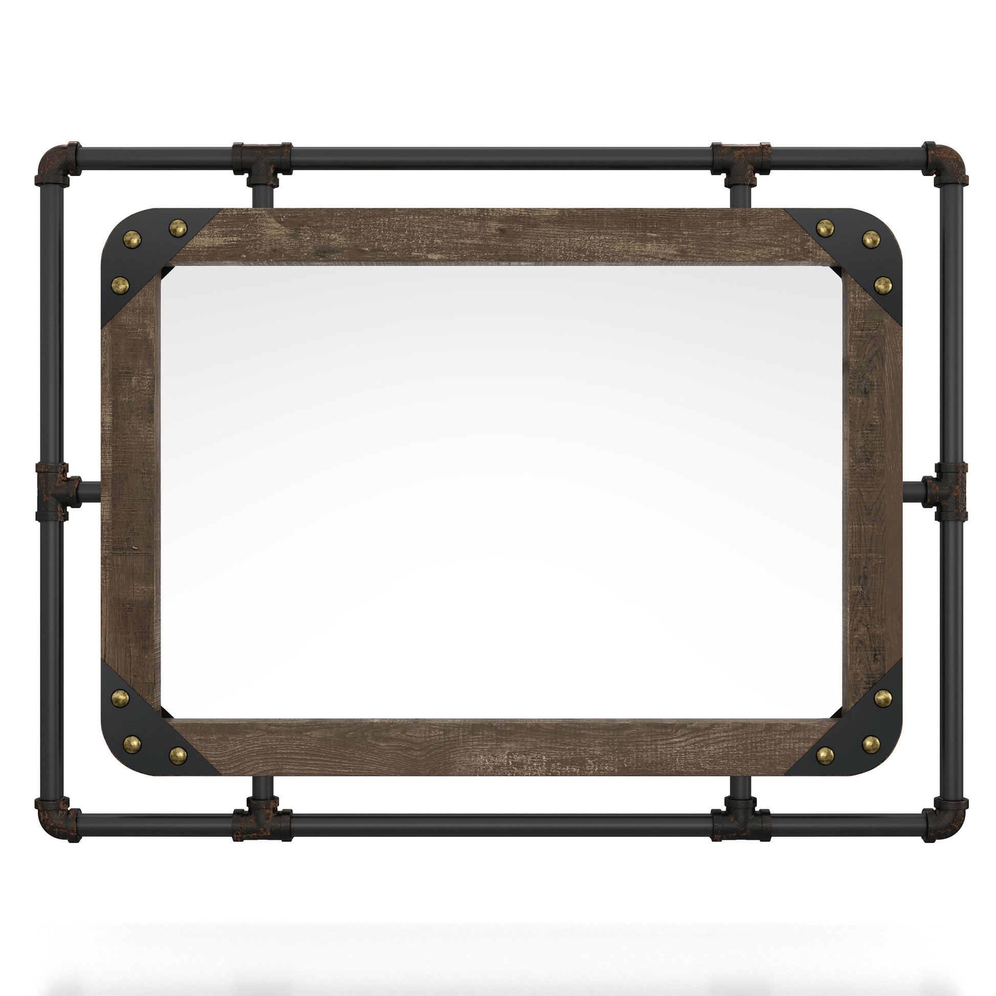 Front-facing industrial reclaimed oak and water pipe wall mirror on a white background