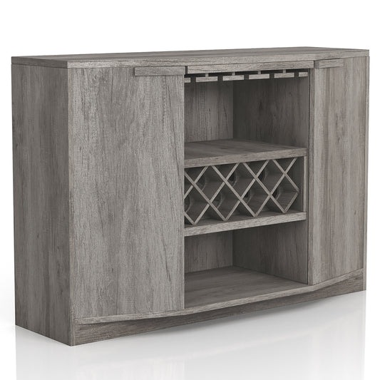 Right angled transitional vintage gray oak two-door buffet with wine and stemware racks on a white background