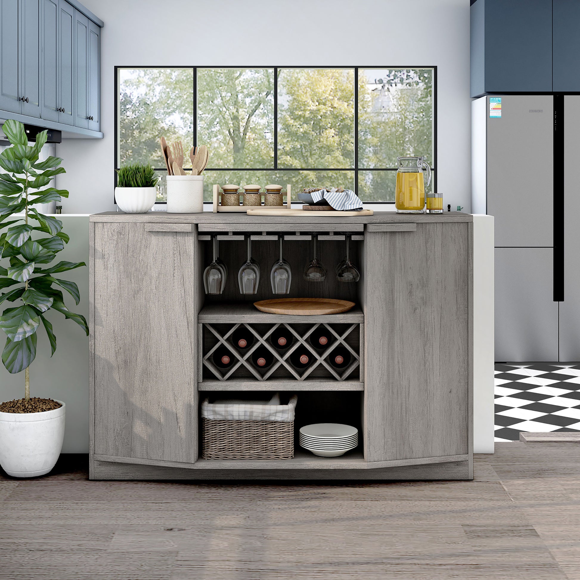 Front-facing transitional vintage gray oak two-door buffet with wine and stemware racks in a kitchen with accessories