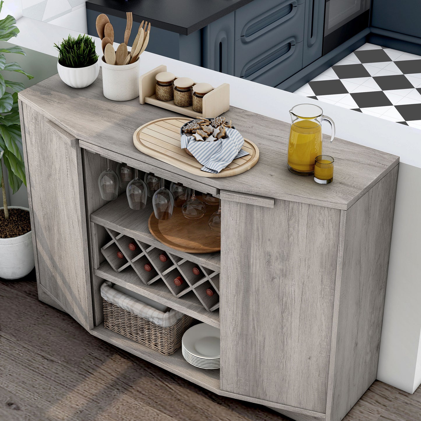 Left angled bird's eye view of a transitional vintage gray oak two-door buffet with wine and stemware racks in a kitchen with accessories