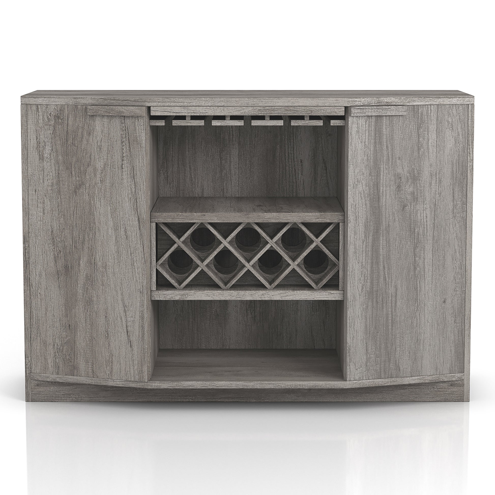 Front-facing transitional vintage gray oak two-door buffet with wine and stemware racks on a white background