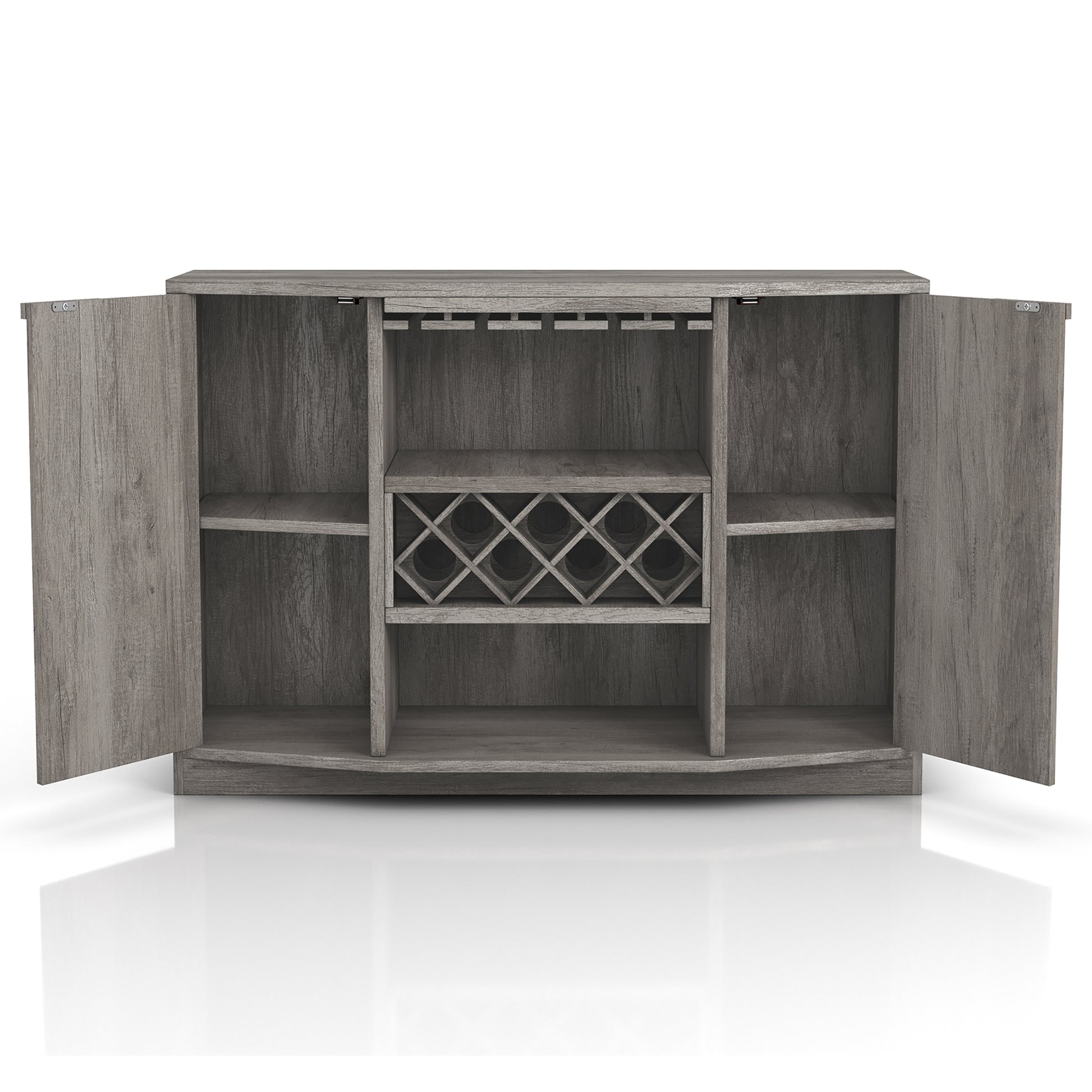 Front-facing transitional vintage gray oak two-door buffet with wine and stemware racks and doors open on a white background