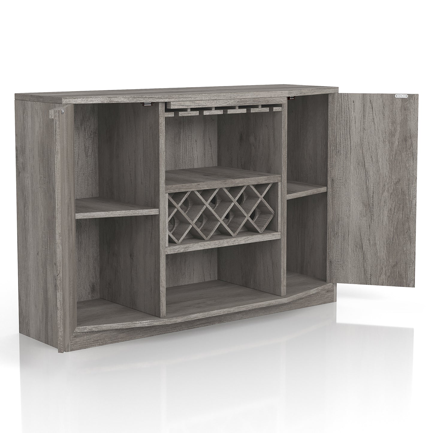 Right angled transitional vintage gray oak two-door buffet with wine and stemware racks and doors open on a white background