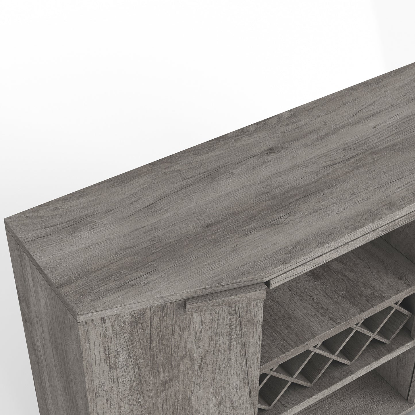 Left angled bird's eye close-up tabletop/corner detail view of a transitional vintage gray oak two-door buffet with wine and stemware racks on a white background
