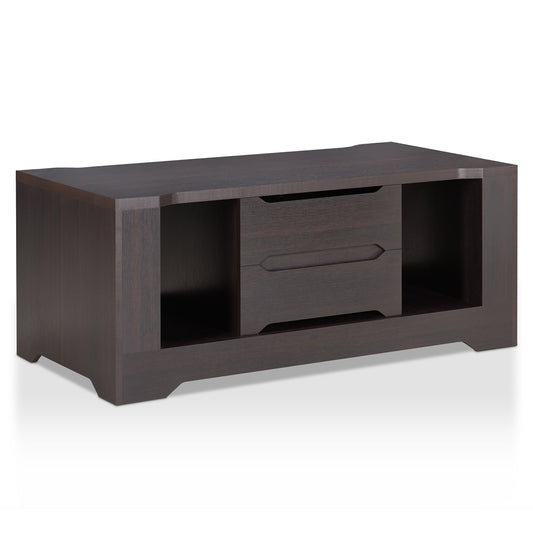Right angled transitional espresso two-drawer storage coffee table on a white background