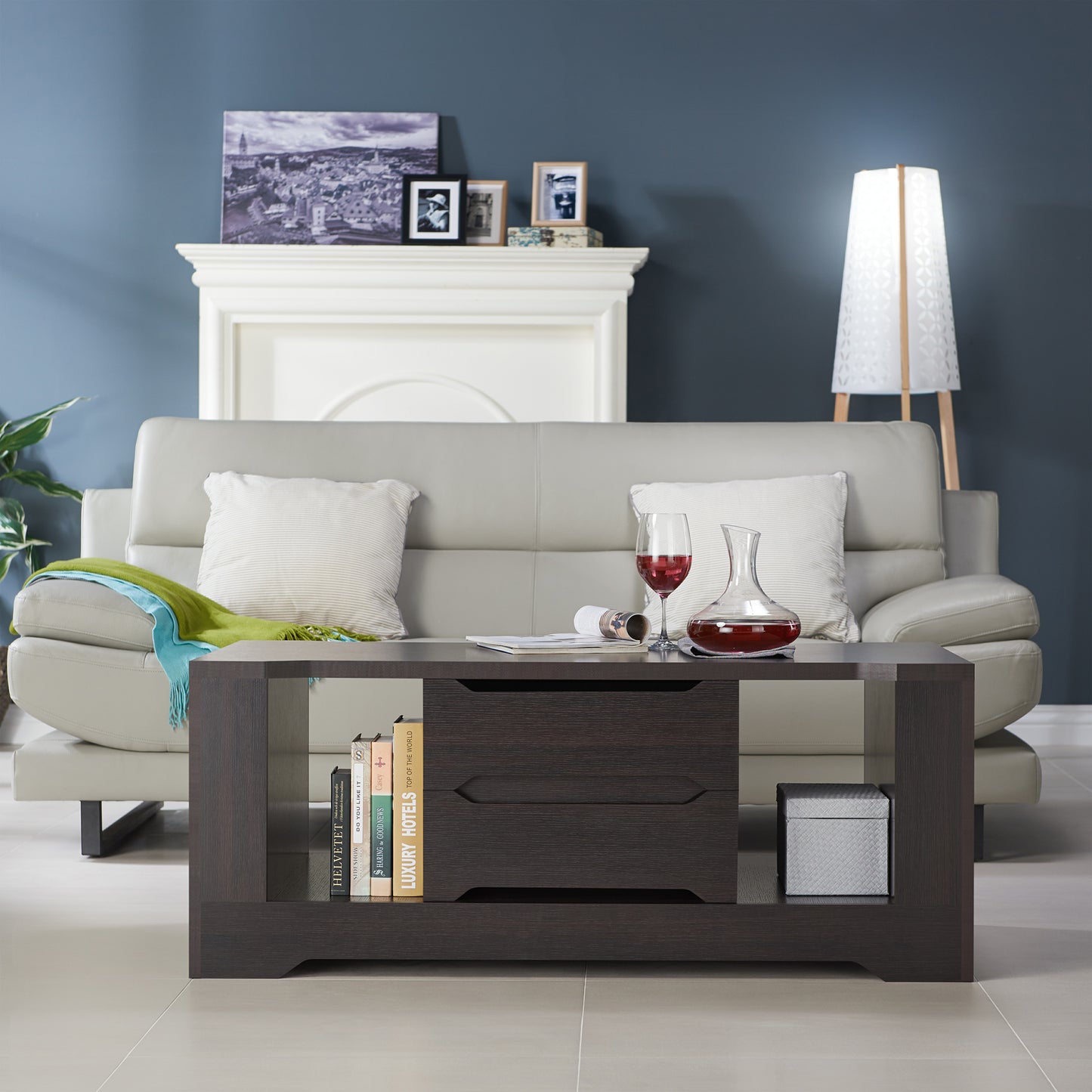 Front-facing transitional espresso two-drawer storage coffee table in a living room with accessories