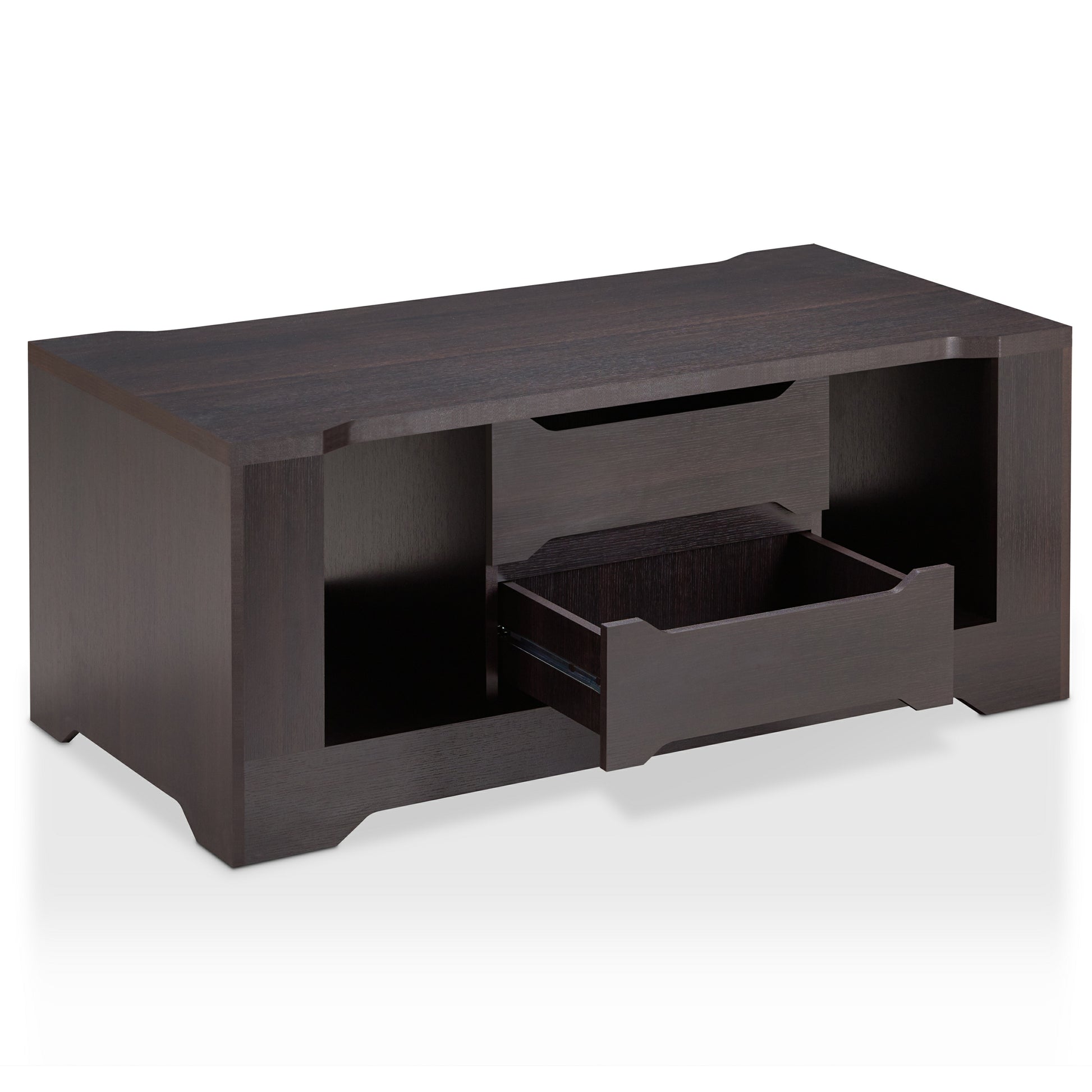 Right angled transitional espresso two-drawer storage coffee table with bottom drawer open on a white background