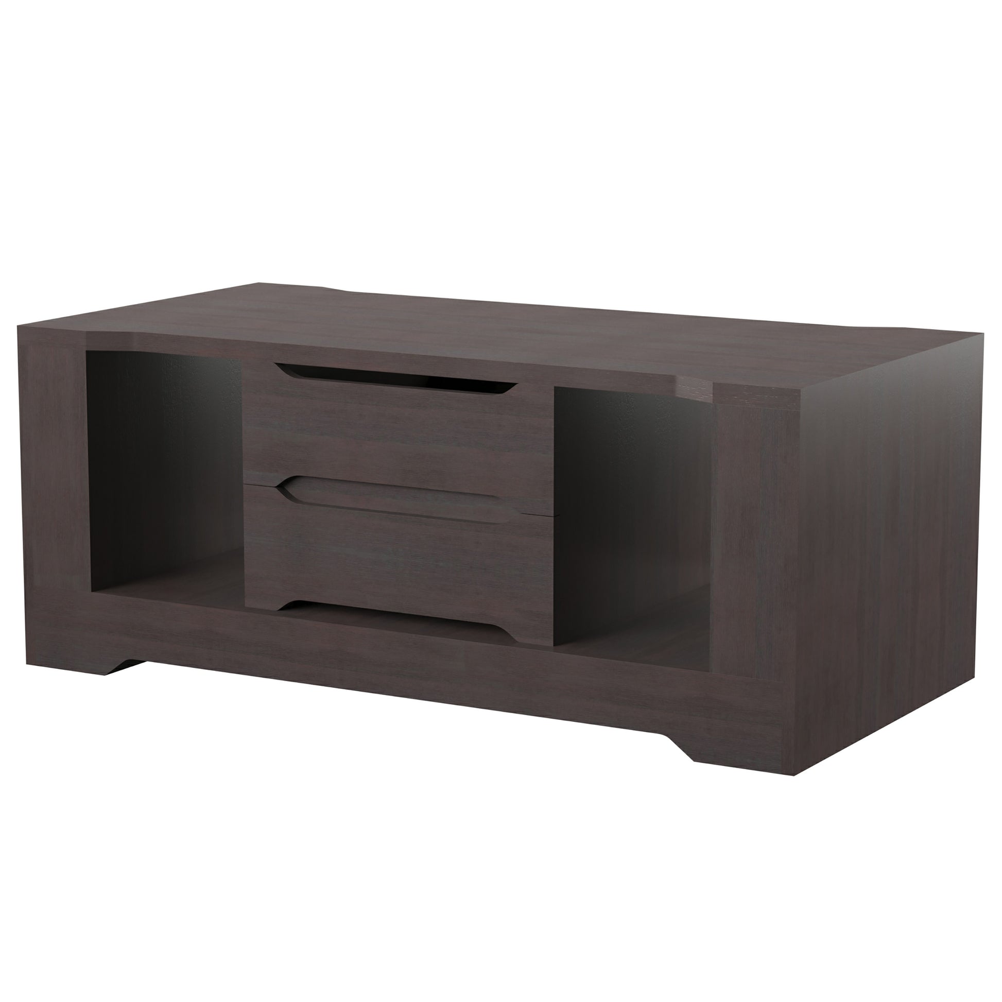 Left angled transitional espresso two-drawer storage coffee table on a white background