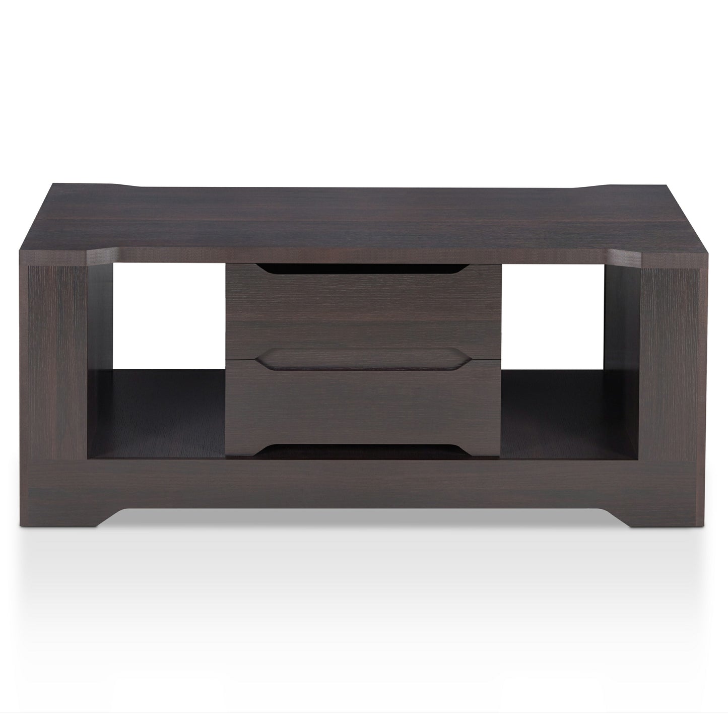 Front-facing transitional espresso two-drawer storage coffee table on a white background