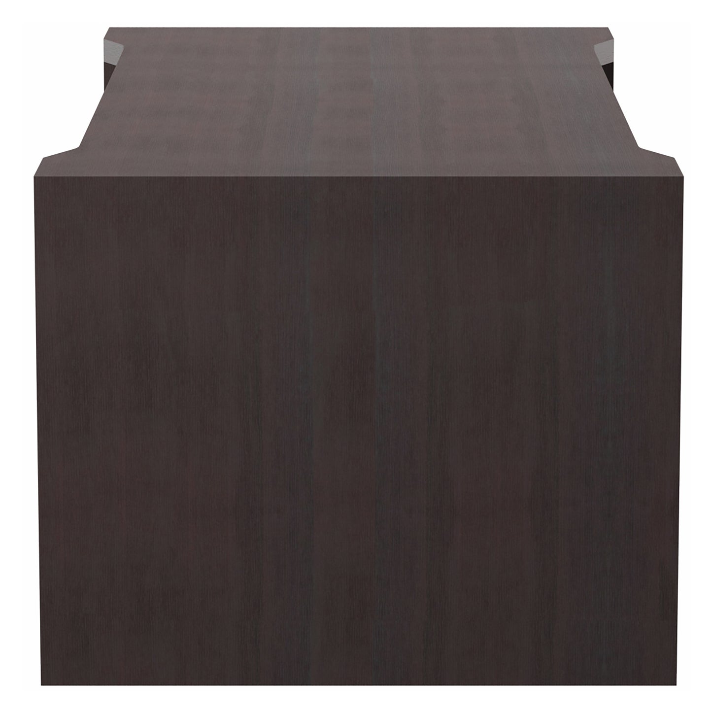 Front-facing side view of a transitional espresso two-drawer storage coffee table on a white background