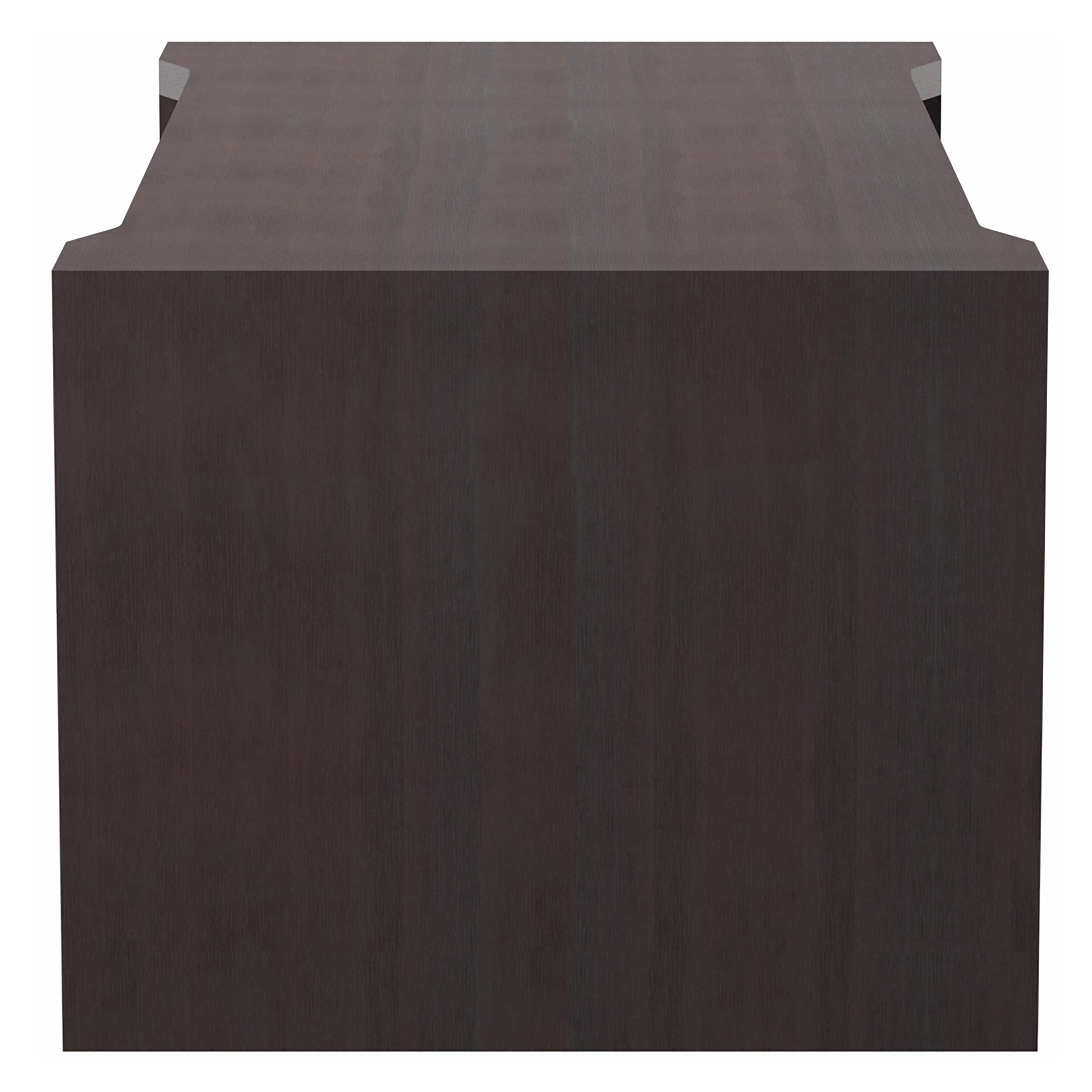 Front-facing side view of a transitional espresso two-drawer storage coffee table on a white background