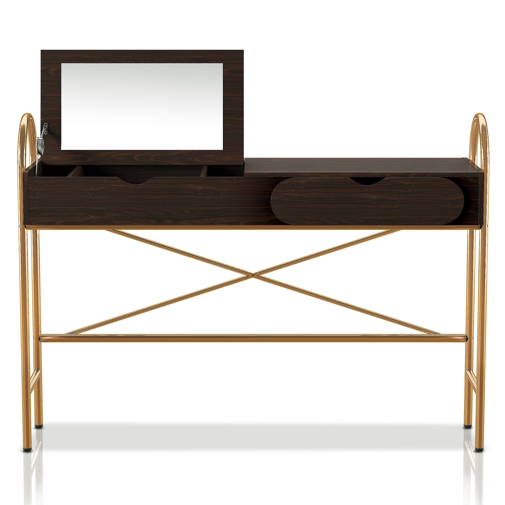 Front-facing modern glam walnut and gold lift-top vanity table with top lifted and a mirror on a white background