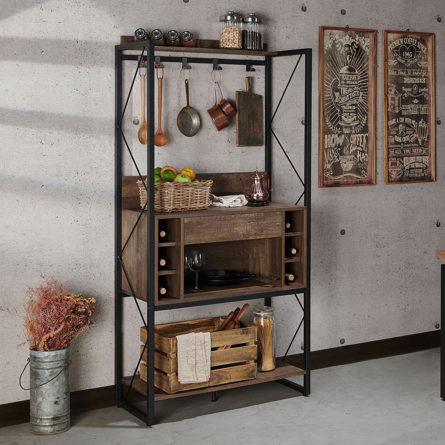 Right angled industrial reclaimed oak and black multi-shelf baker's rack with hooks in a living area with accessories