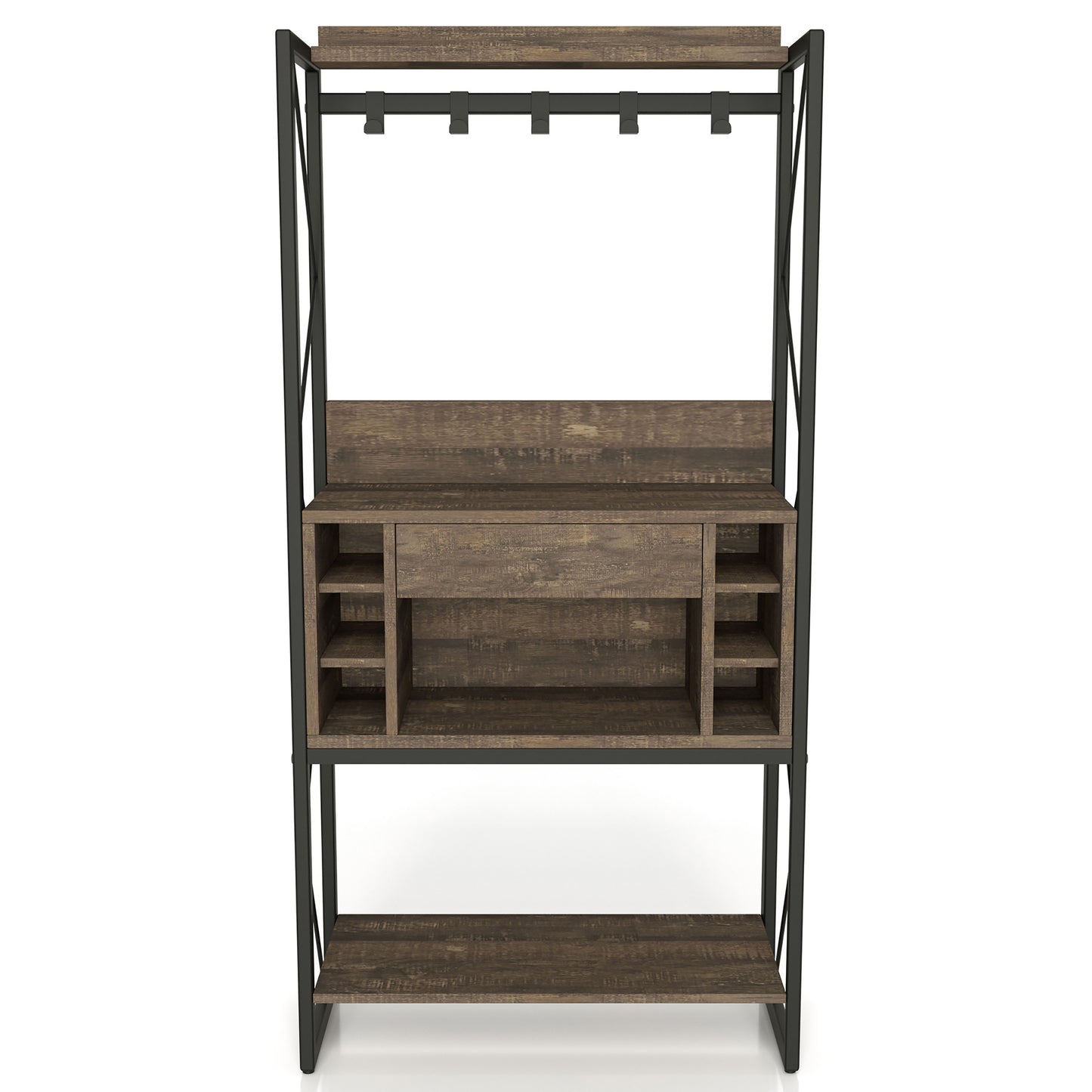 Front-facing industrial reclaimed oak and black multi-shelf baker's rack with hooks on white background