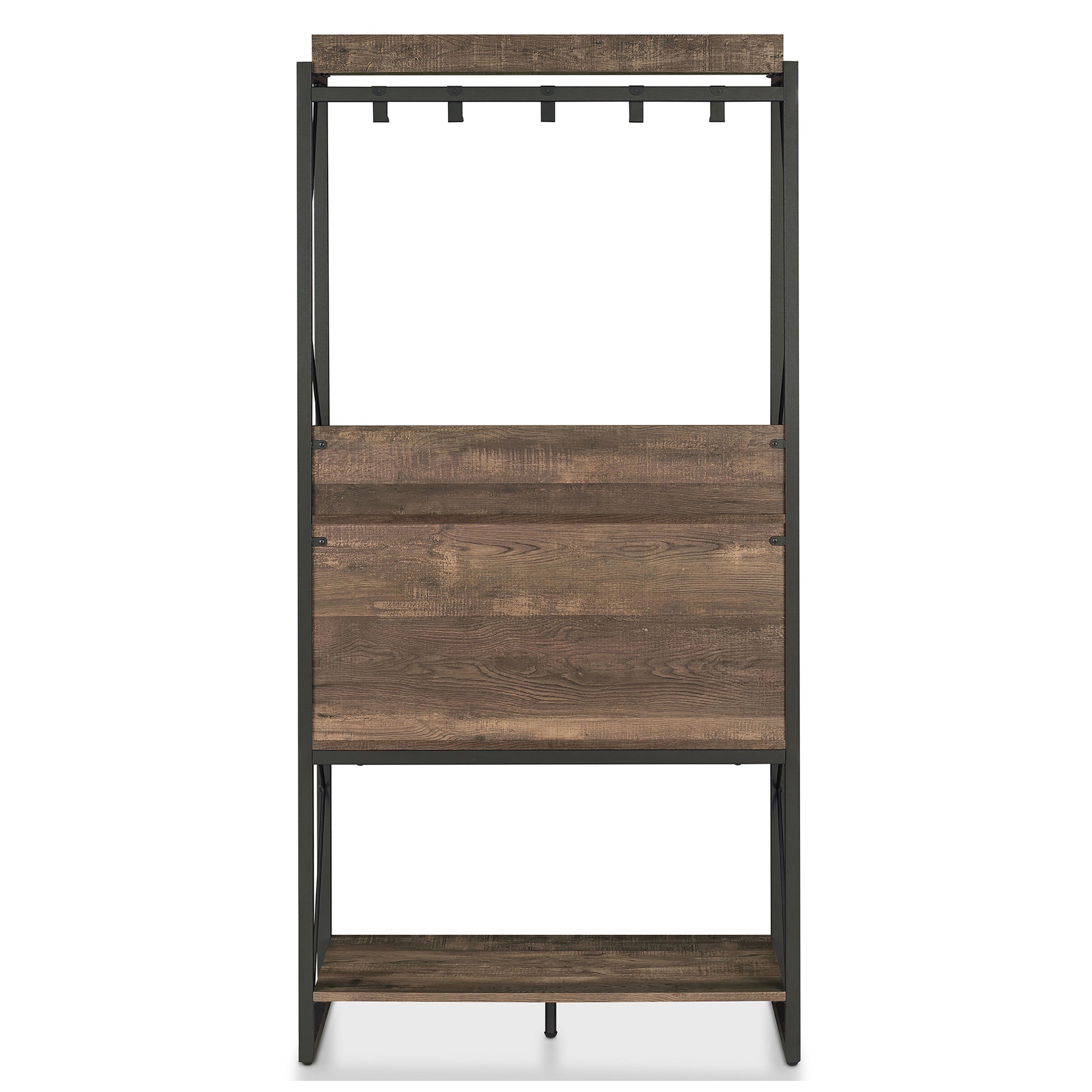 Front-facing back view of an industrial reclaimed oak and black multi-shelf baker's rack with hooks on white background