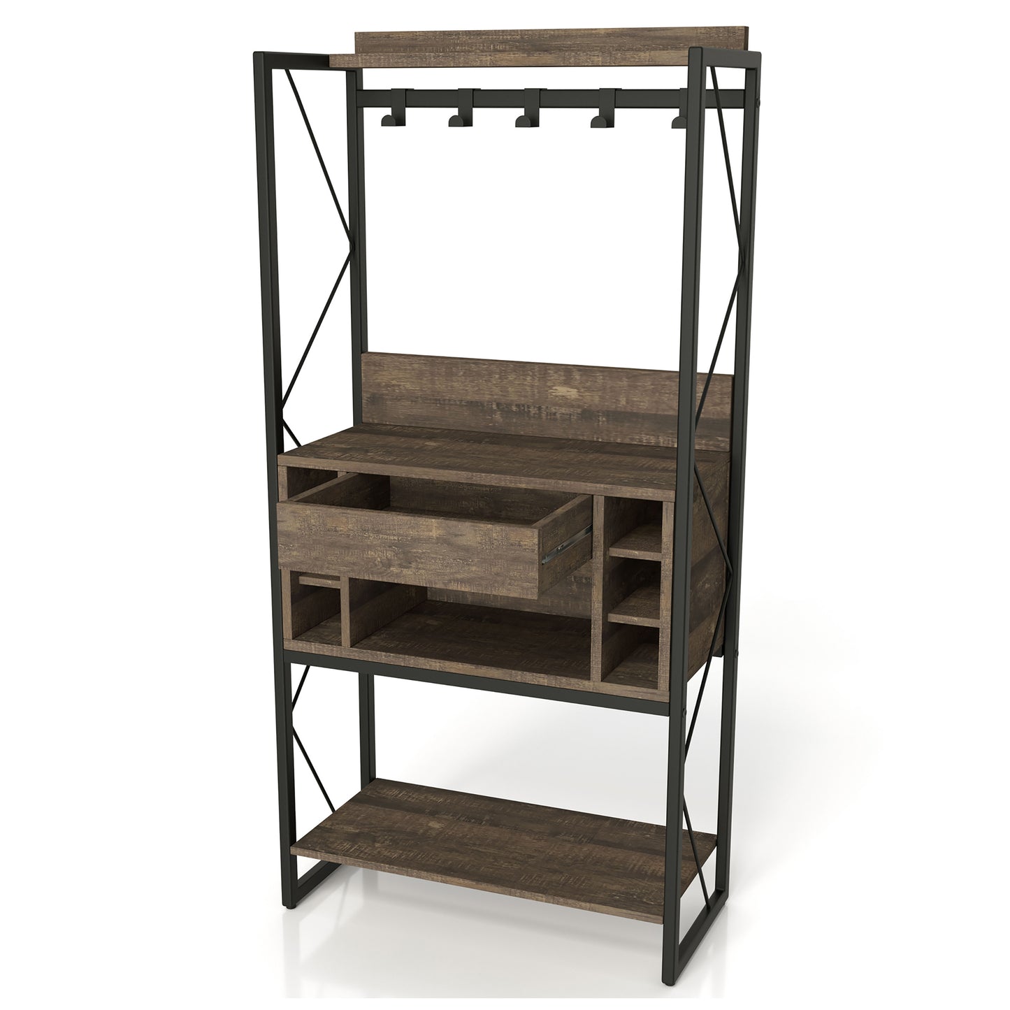 Left angled industrial reclaimed oak and black multi-shelf baker's rack with hooks and drawer open on white background