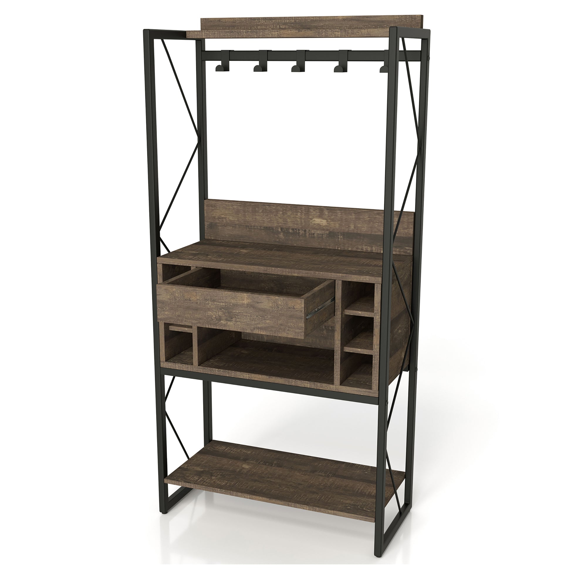 Left angled industrial reclaimed oak and black multi-shelf baker's rack with hooks and drawer open on white background