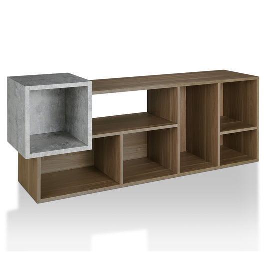 Right angled transitional honey walnut and concrete seven-shelf bookcase on a white background