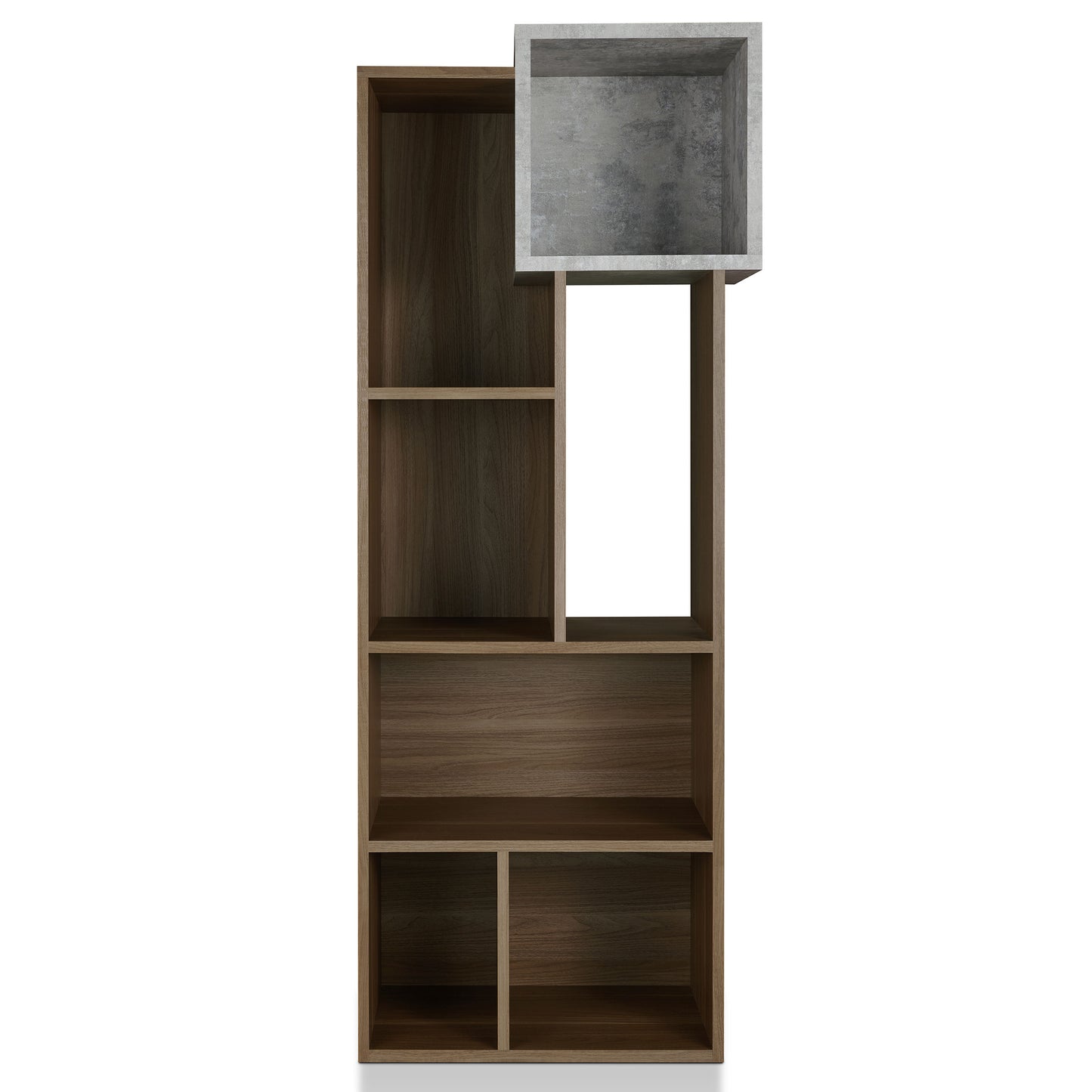 Front-facing transitional honey walnut and concrete seven-shelf bookcase shown vertically on a white background