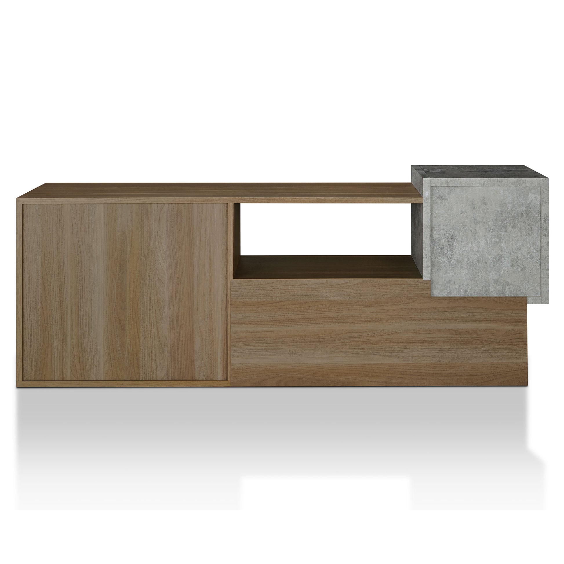 Front-facing back view of a transitional honey walnut and concrete seven-shelf bookcase on a white background