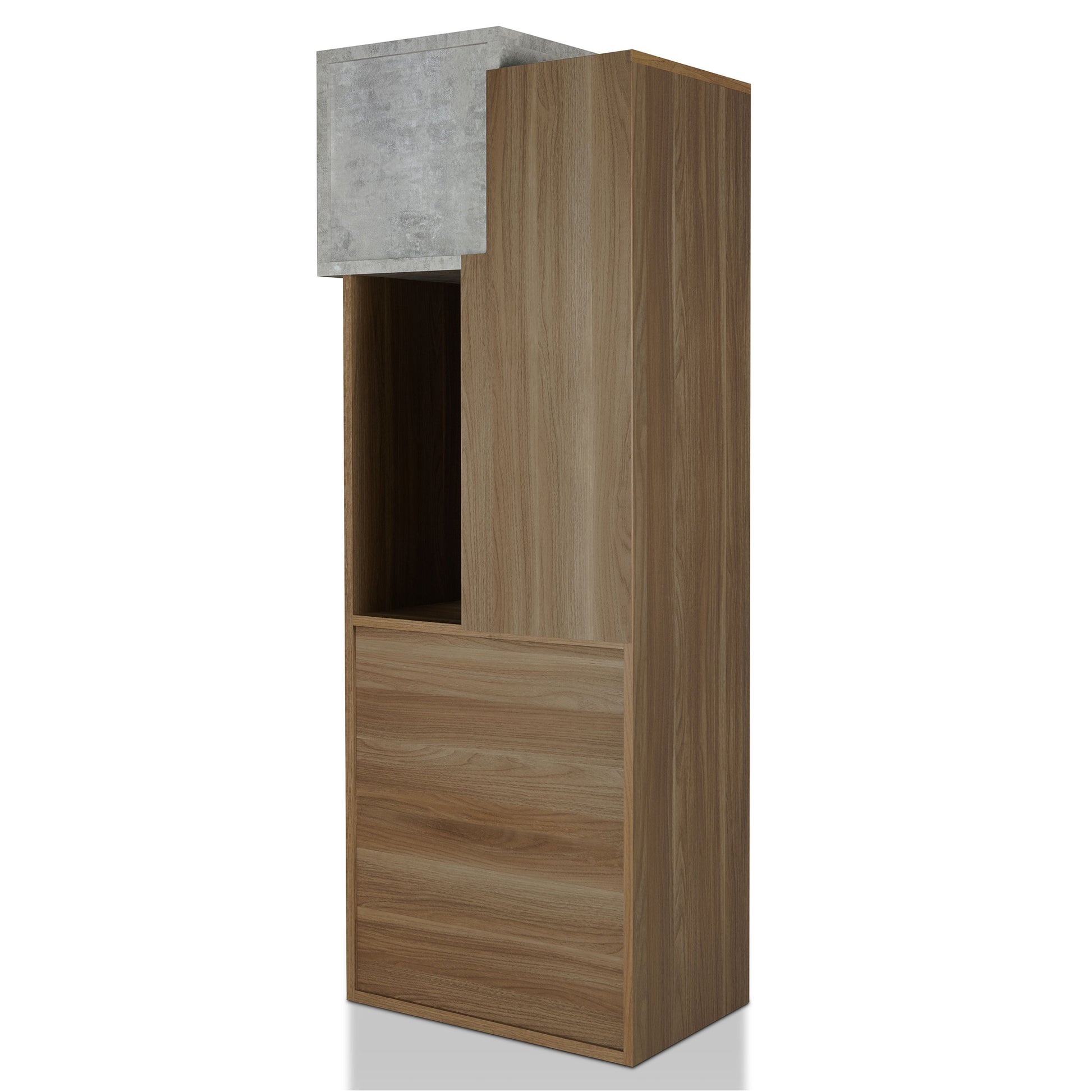 Left angled back view of a transitional honey walnut and concrete seven-shelf bookcase shown vertically on a white background