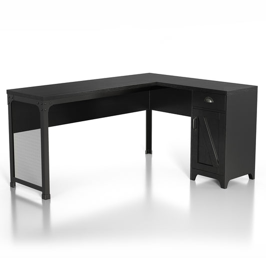 Right angled farmhouse black one-drawer L-shaped desk with a cabinet on a white background