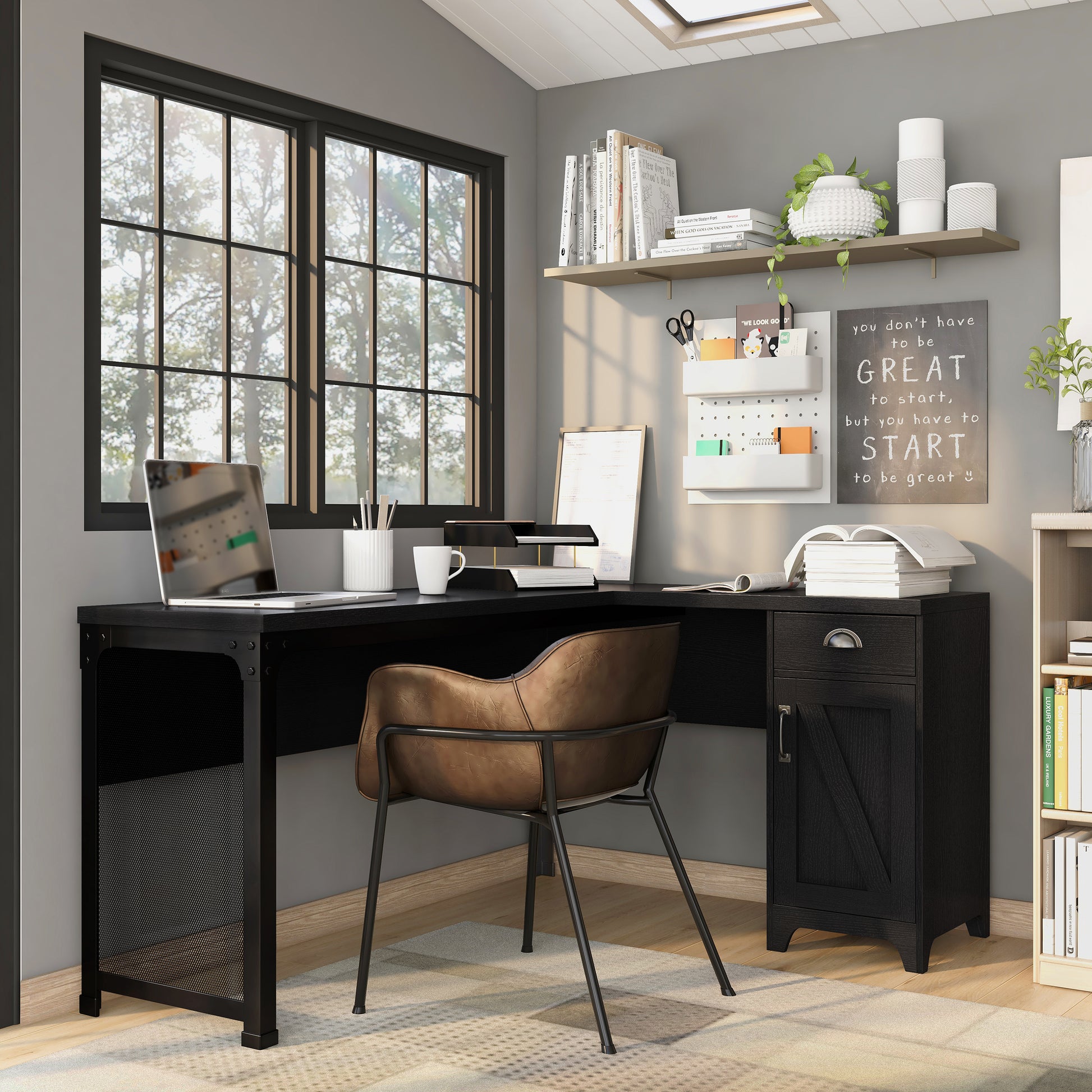 Right angled farmhouse black one-drawer L-shaped desk with a cabinet in a home office with accessories