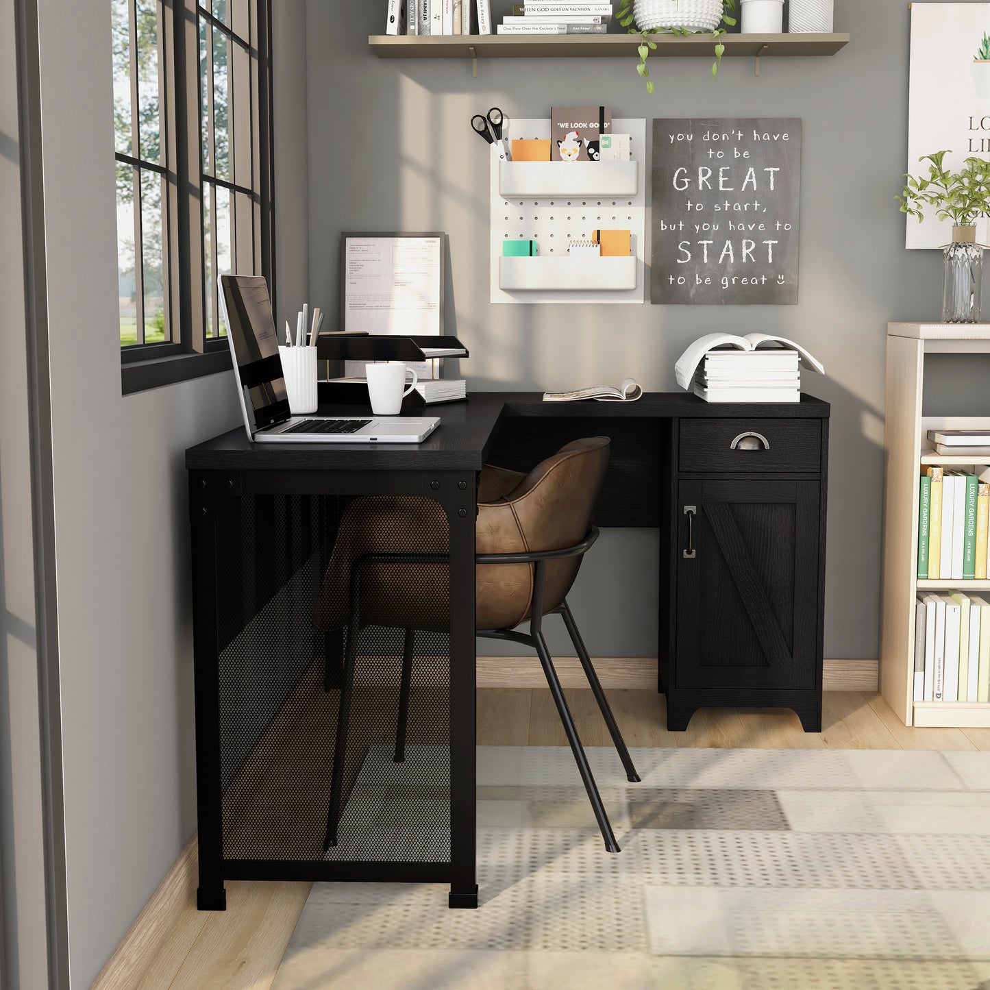 Front-facing side view of a farmhouse black one-drawer L-shaped desk with a cabinet in a home office with accessories