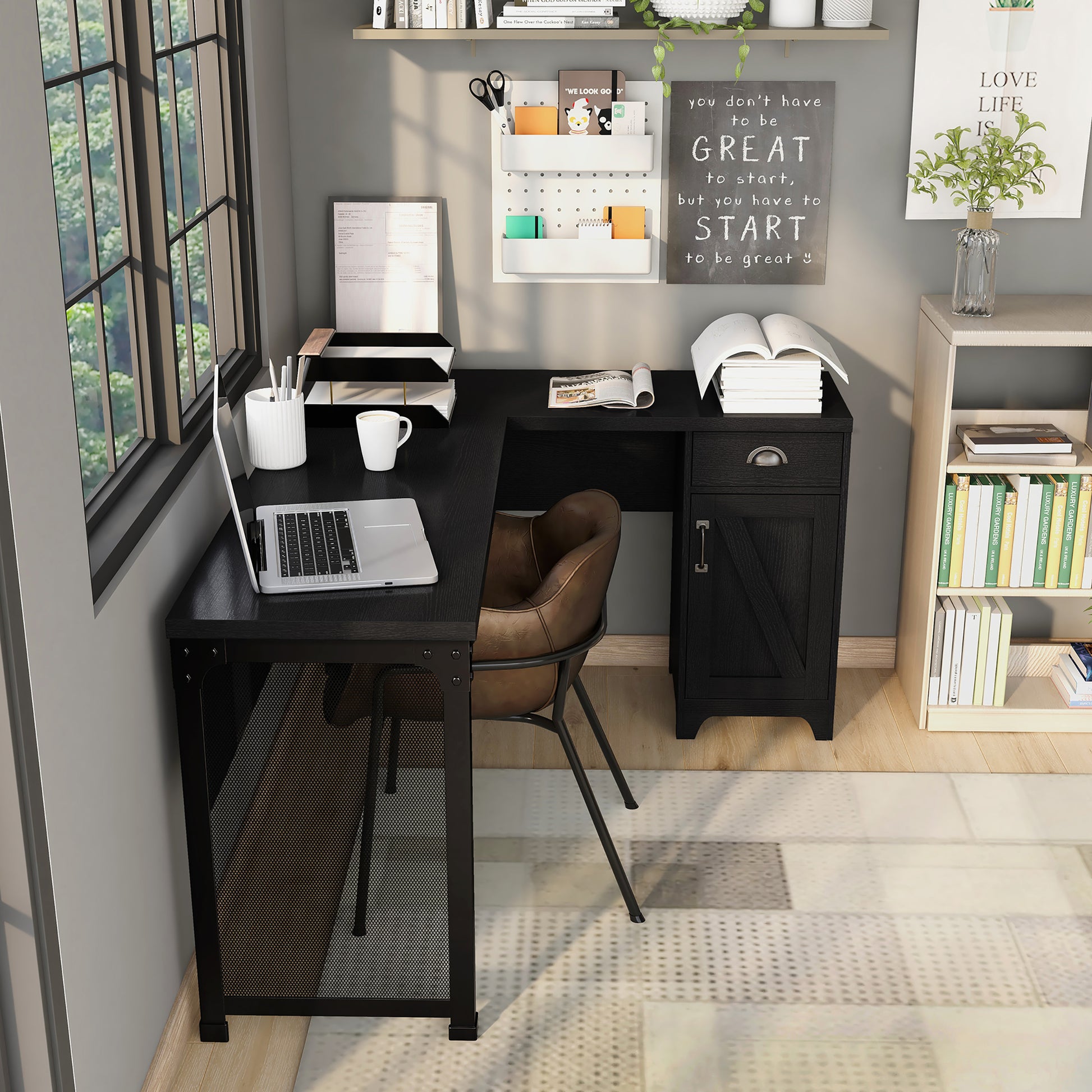 Front-facing upper side view of a farmhouse black one-drawer L-shaped desk with a cabinet in a home office with accessories