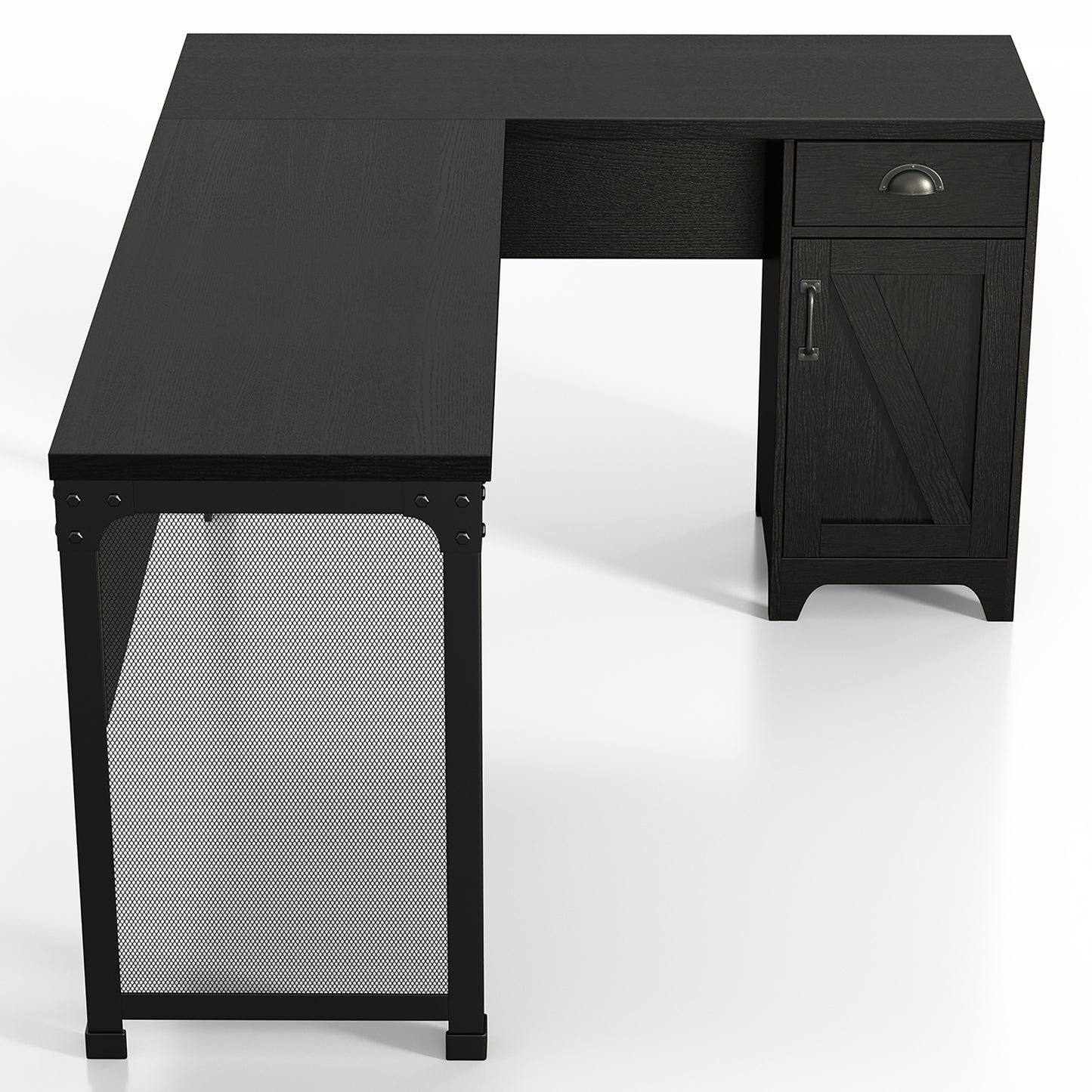 Front-facing upper side view of a farmhouse black one-drawer L-shaped desk with a cabinet on a white background
