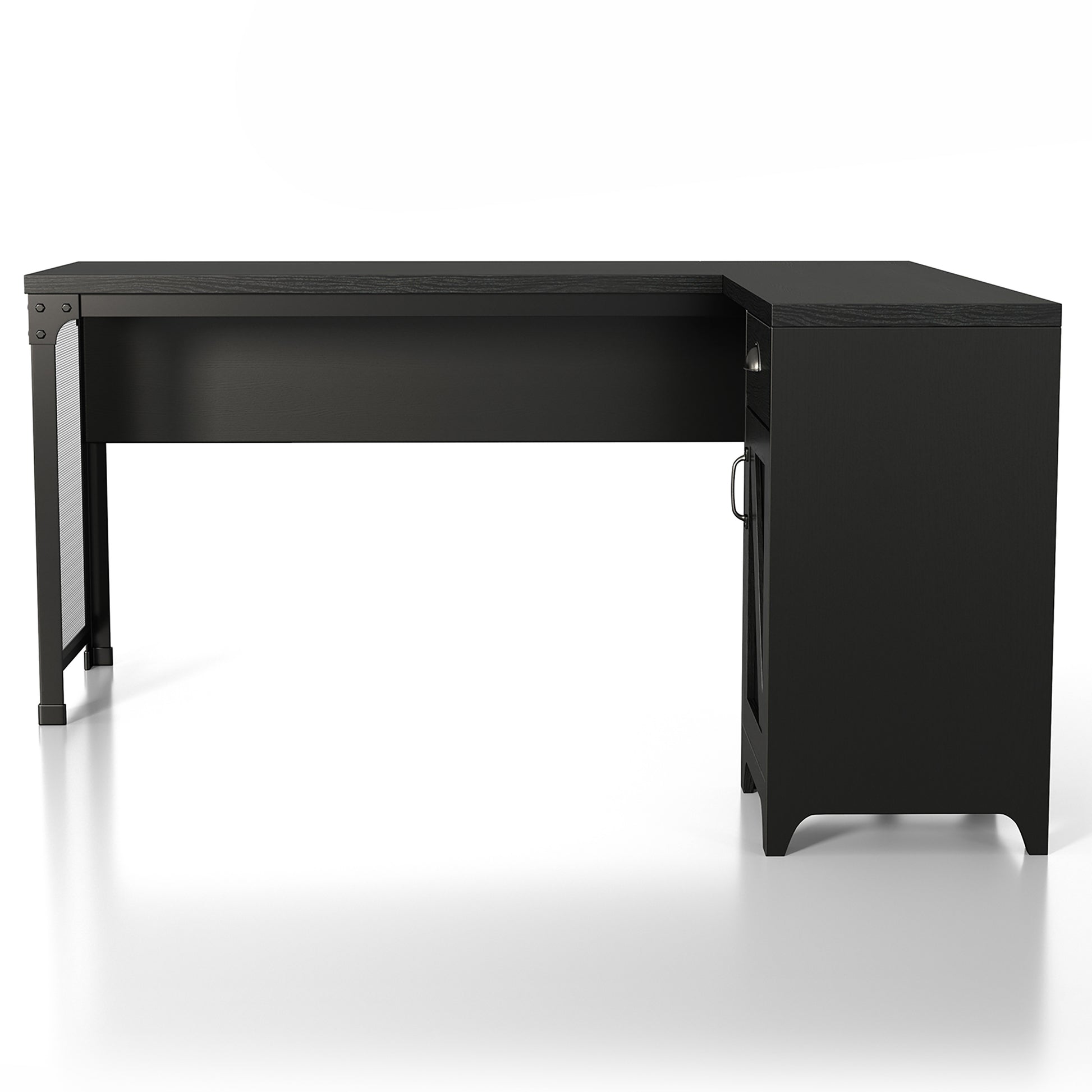 Front-facing farmhouse black one-drawer L-shaped desk with a cabinet on a white background