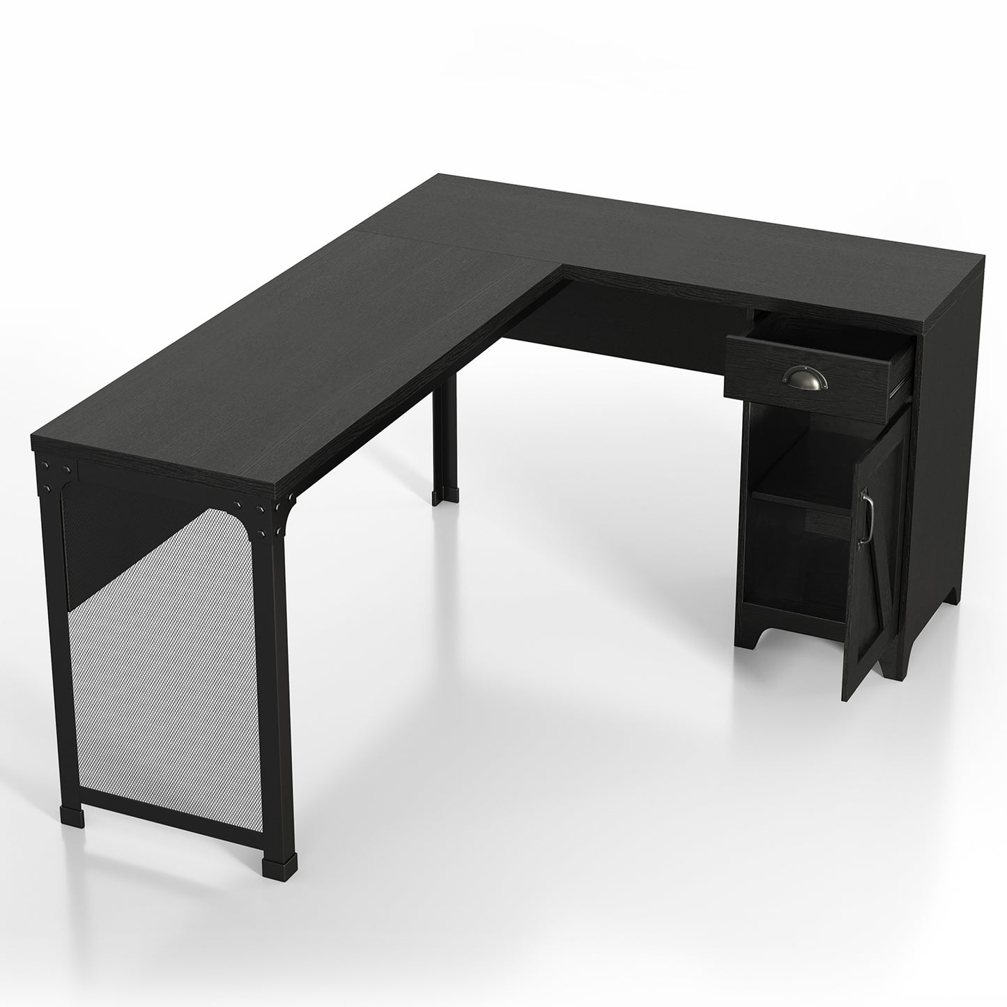 Right angled farmhouse black one-drawer L-shaped desk with a cabinet door and drawer open on a white background