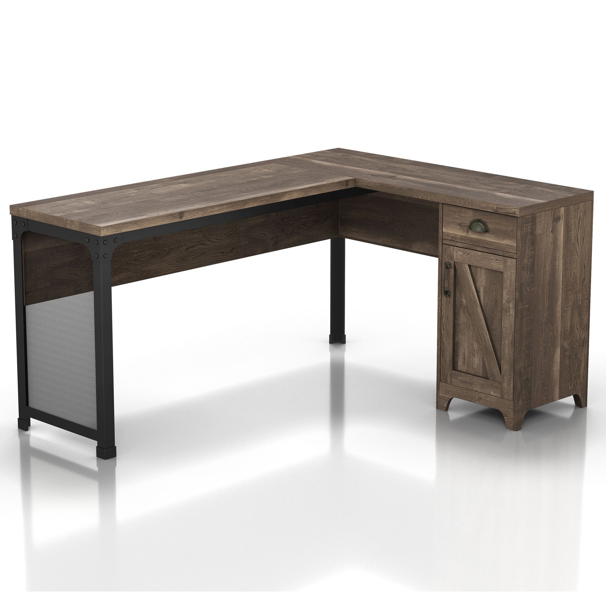 Right angled farmhouse reclaimed oak and black one-drawer L-shaped desk with a cabinet on a white background