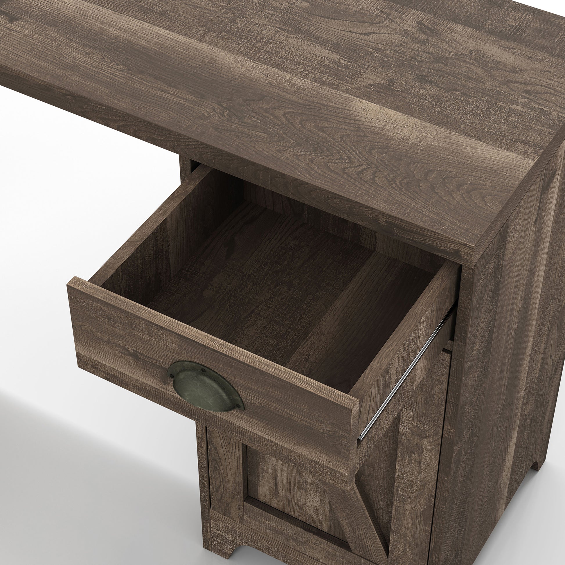 Right angled close-up view of a farmhouse reclaimed oak and black one-drawer L-shaped desk with a cabinet and drawer open on a white background