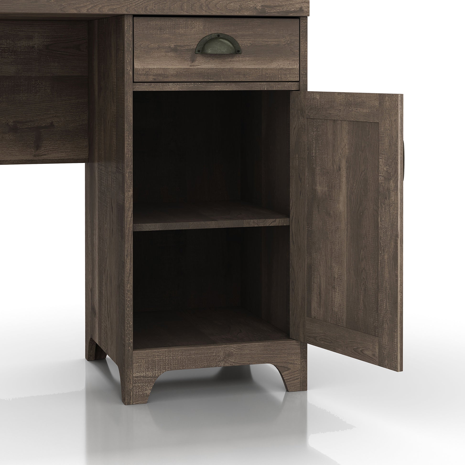 Right angled close-up view of a farmhouse reclaimed oak and black one-drawer L-shaped desk with a cabinet door open on a white background