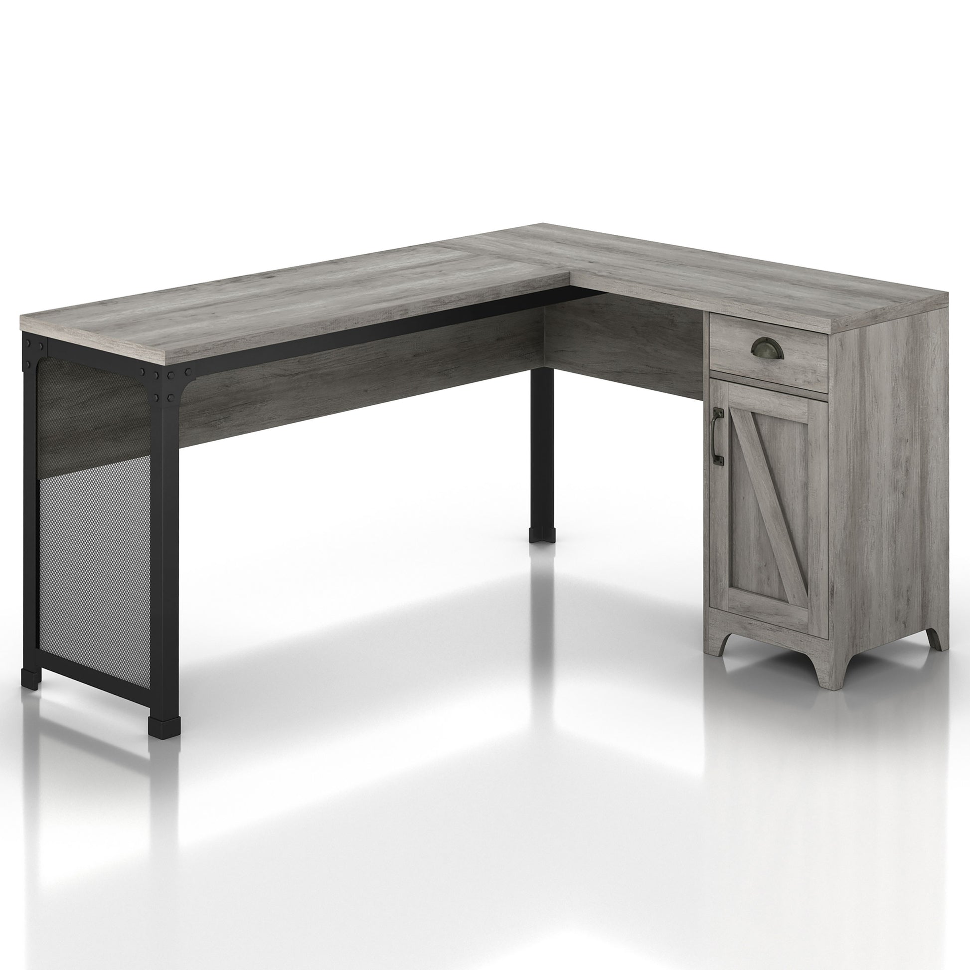 Right angled farmhouse vintage gray oak and black one-drawer L-shaped desk with a cabinet on a white background