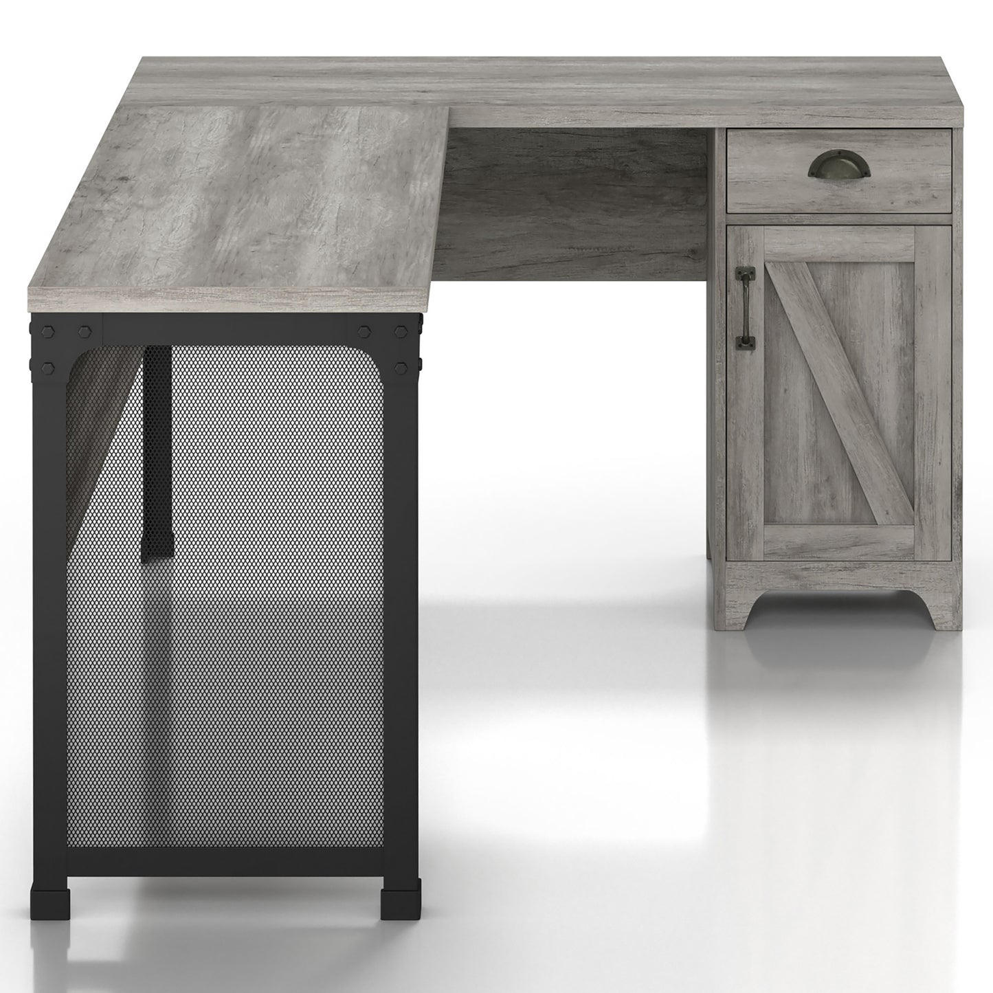 Front-facing side view of a farmhouse vintage gray oak and black one-drawer L-shaped desk with a cabinet on a white background