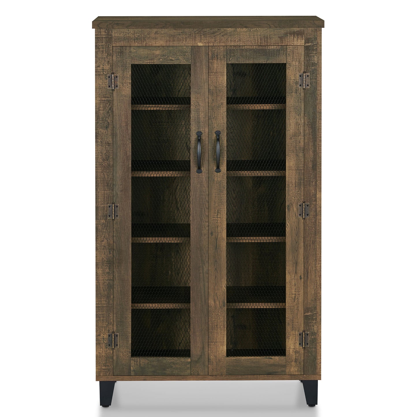 Front-facing rustic reclaimed oak five-shelf shoe cabinet with mesh doors on a white background